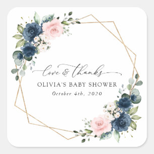 Navy Blue Flowers, Pink Flowers, Baby Shower  Square Sticker