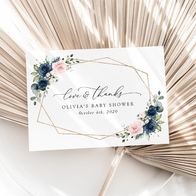 Navy Blue Flowers, Pink Flowers, Baby Shower  Thank You Card (Creator Uploaded)