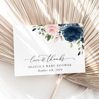 Navy Blue Flowers, Pink Flowers, Baby Shower Thank You Card