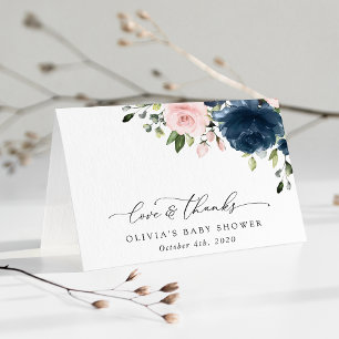 Navy Blue Flowers, Pink Flowers, Baby Shower Thank You Card