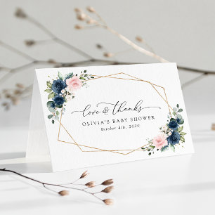 Navy Blue Flowers, Pink Flowers, Baby Shower Thank You Card