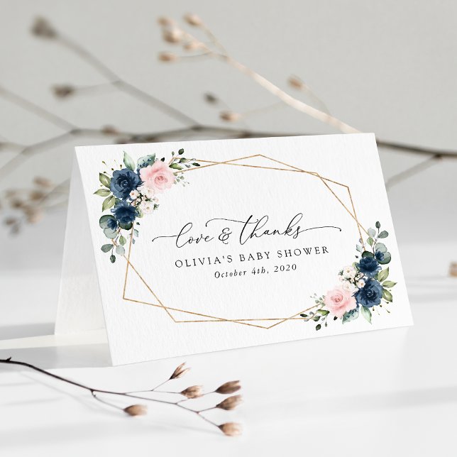 Navy Blue Flowers, Pink Flowers, Baby Shower  Thank You Card (Creator Uploaded)
