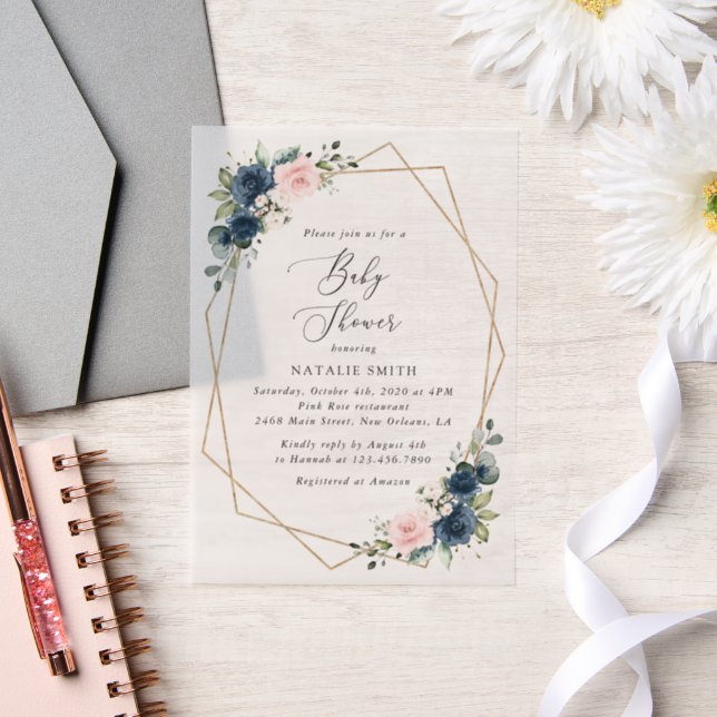 Navy Blue Flowers, Pink Flowers, Baby Shower  Vellum Invitations (Wedding)