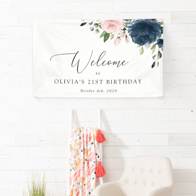 Navy Blue Flowers, Pink Flowers, Birthday Welcome Banner (Insitu)