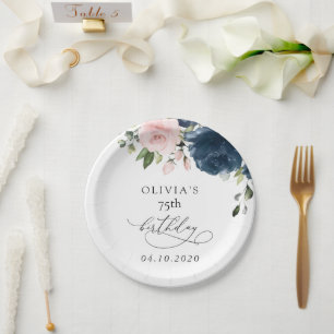 Navy Blue Flowers, Pink Flowers, Boho, Birthday Paper Plate