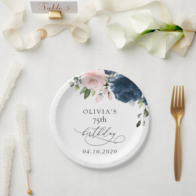 Navy Blue Flowers, Pink Flowers, Boho, Birthday Paper Plate (Wedding)