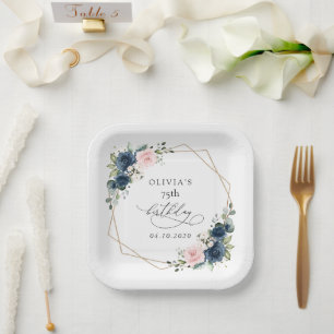 Navy Blue Flowers, Pink Flowers, Boho, Birthday Paper Plate