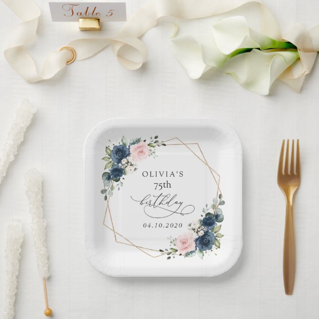 Navy Blue Flowers, Pink Flowers, Boho, Birthday Paper Plate (Wedding)