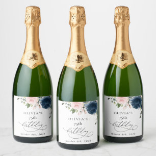 Navy Blue Flowers, Pink Flowers, Boho, Birthday Sparkling Wine Label