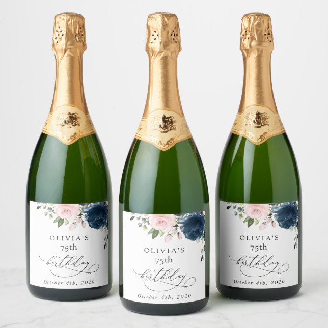 Navy Blue Flowers, Pink Flowers, Boho, Birthday Sparkling Wine Label (Bottles)