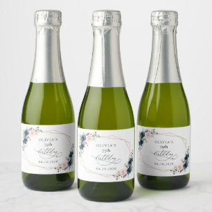 Navy Blue Flowers, Pink Flowers, Boho, Birthday Sparkling Wine Label
