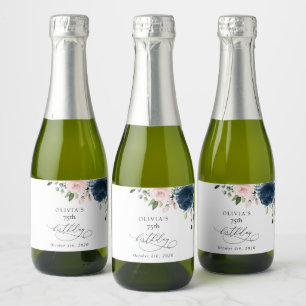 Navy Blue Flowers, Pink Flowers, Boho, Birthday Sparkling Wine Label