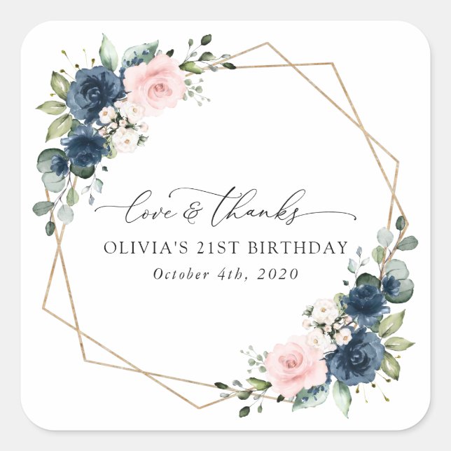 Navy Blue Flowers, Pink Flowers, Boho, Birthday Square Sticker (Front)