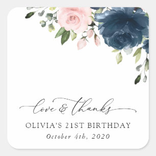 Navy Blue Flowers, Pink Flowers, Boho, Birthday Square Sticker