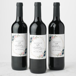 Navy Blue Flowers, Pink Flowers, Boho, Birthday Wine Label