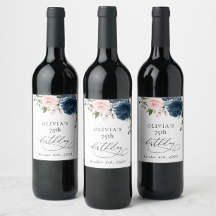 Navy Blue Flowers, Pink Flowers, Boho, Birthday Wine Label