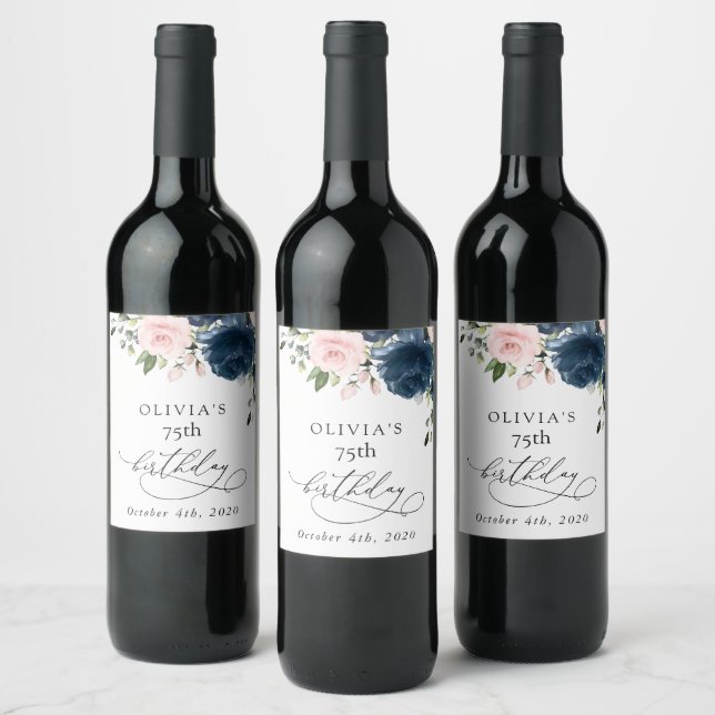 Navy Blue Flowers, Pink Flowers, Boho, Birthday Wine Label (Bottles)