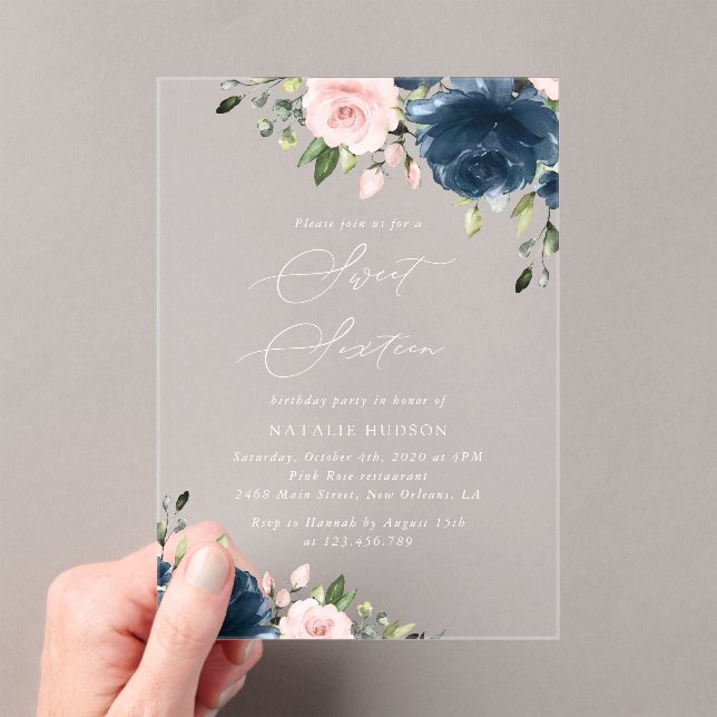 Navy Blue Flowers, Pink Flowers, Boho, Sweet 16 Acrylic Invitations (Insitu (Handheld))