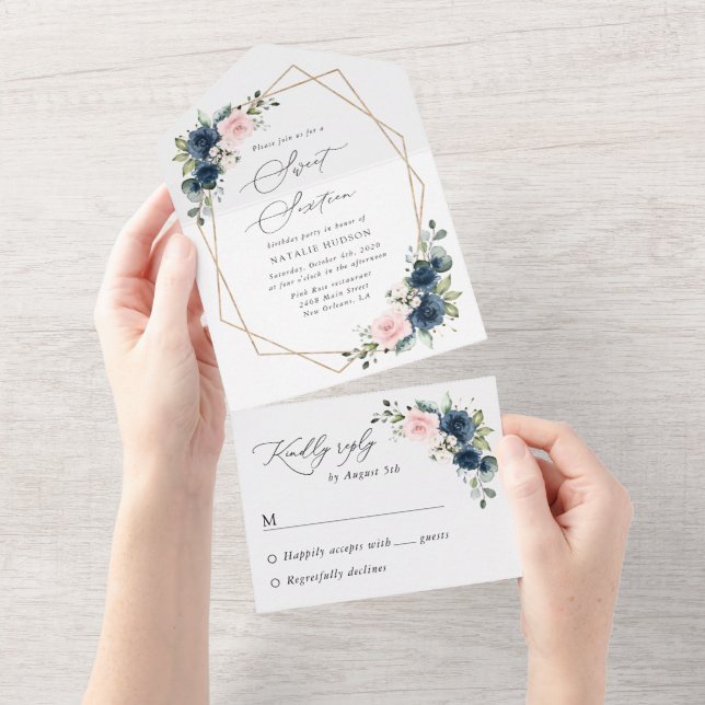 Navy Blue Flowers, Pink Flowers, Boho, Sweet 16 All In One Invitation (Tearaway)
