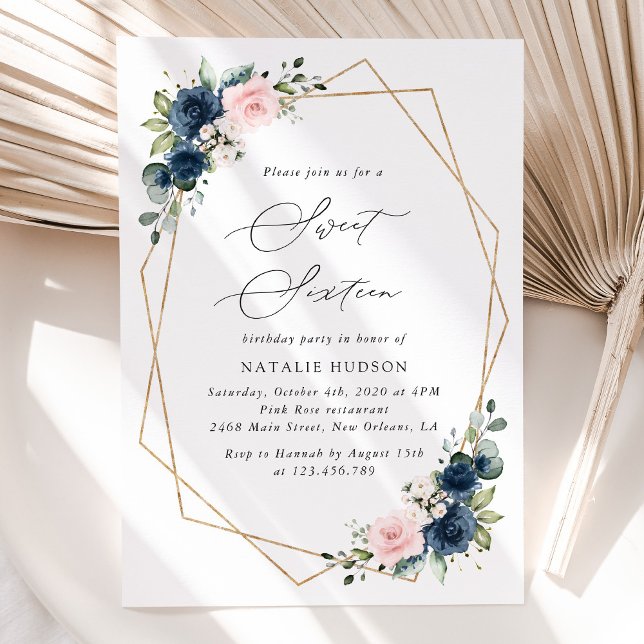 Navy Blue Flowers, Pink Flowers, Boho, Sweet 16 Invitation (Creator Uploaded)