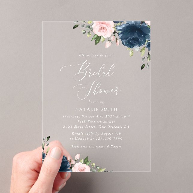 Navy Blue Flowers, Pink Flowers, Bridal Shower Acrylic Invitations (Insitu (Handheld))
