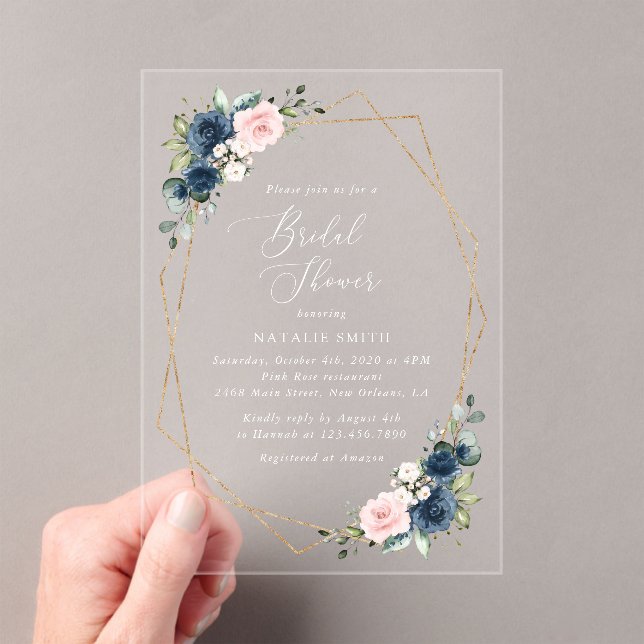 Navy Blue Flowers, Pink Flowers, Bridal Shower Acrylic Invitations (Insitu (Handheld))