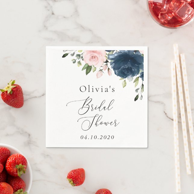 Navy Blue Flowers, Pink Flowers, Bridal Shower Napkin (Insitu)