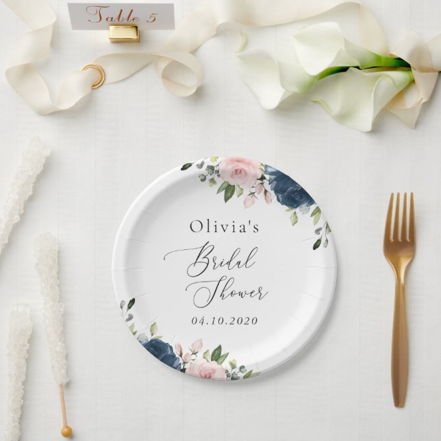 Navy Blue Flowers, Pink Flowers, Bridal Shower Paper Plate (Wedding)