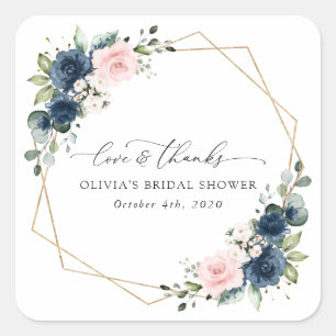Navy Blue Flowers, Pink Flowers, Bridal Shower Square Sticker