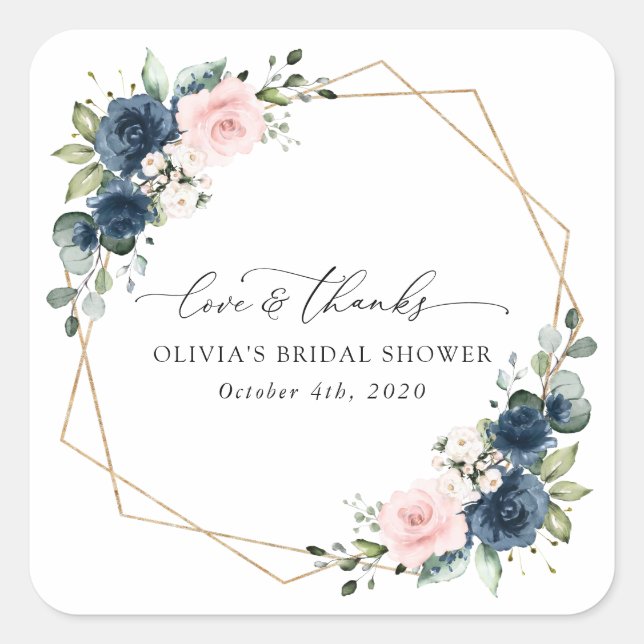 Navy Blue Flowers, Pink Flowers, Bridal Shower Square Sticker (Front)