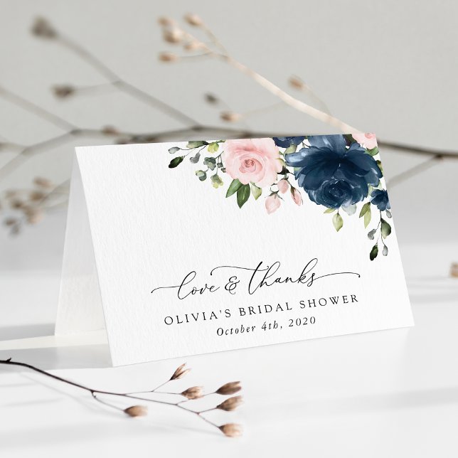 Navy Blue Flowers, Pink Flowers, Bridal Shower Thank You Card (Creator Uploaded)