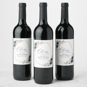 Navy Blue Flowers, Pink Flowers, Bridal Shower Wine Label
