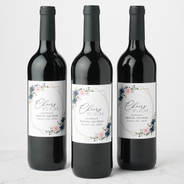 Navy Blue Flowers, Pink Flowers, Bridal Shower Wine Label (Bottles)