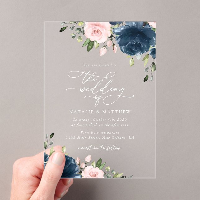 Navy Blue Flowers, Pink Flowers, Floral Wedding Acrylic Invitations (Insitu (Handheld))
