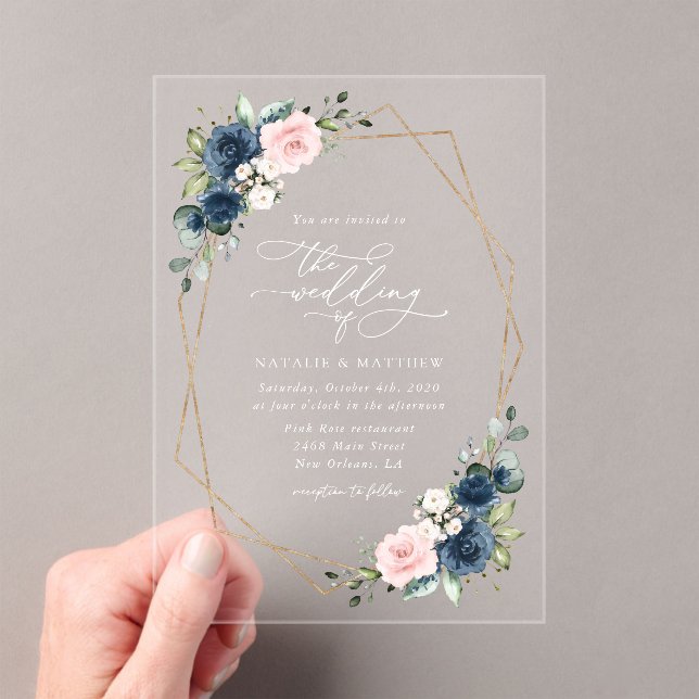 Navy Blue Flowers, Pink Flowers, Floral Wedding Acrylic Invitations (Insitu (Handheld))