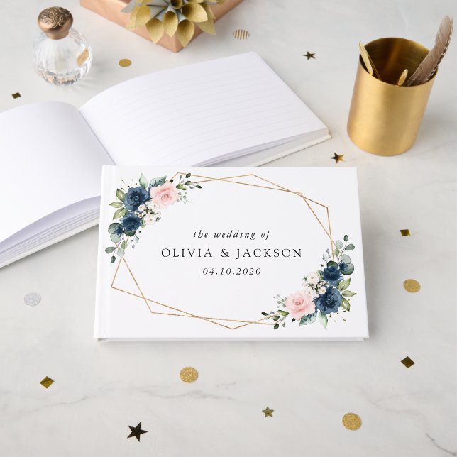 Navy Blue Flowers, Pink Flowers, Floral Wedding Guest Book (Front Open)