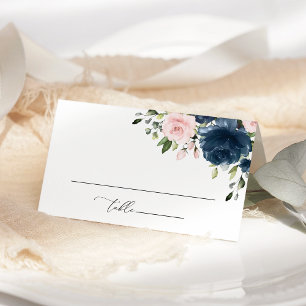 Navy Blue Flowers, Pink Flowers, Floral Wedding Place Card