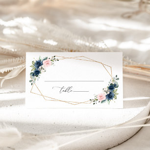 Navy Blue Flowers, Pink Flowers, Floral Wedding Place Card