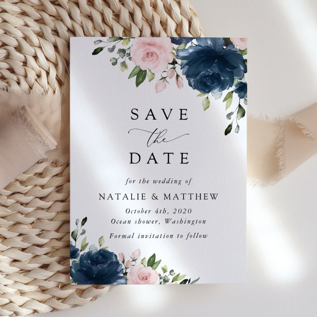 Navy Blue Flowers, Pink Flowers, Floral Wedding Save The Date (Creator Uploaded)