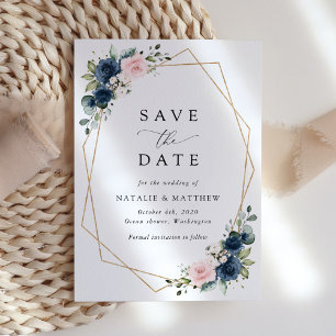 Navy Blue Flowers, Pink Flowers, Floral Wedding Save The Date