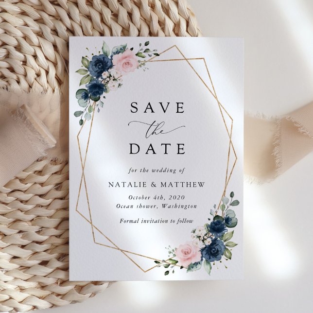 Navy Blue Flowers, Pink Flowers, Floral Wedding Save The Date (Creator Uploaded)