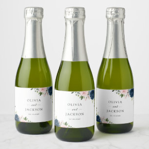 Navy Blue Flowers, Pink Flowers, Floral Wedding Sparkling Wine Label