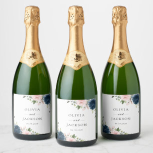 Navy Blue Flowers, Pink Flowers, Floral Wedding Sparkling Wine Label
