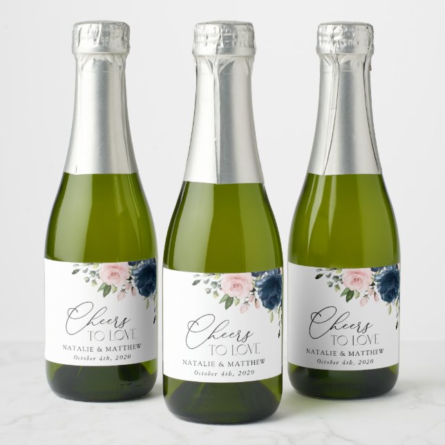 Navy Blue Flowers, Pink Flowers, Floral Wedding Sparkling Wine Label (Bottles)