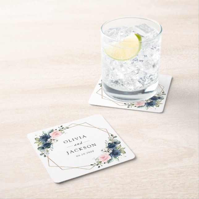 Navy Blue Flowers, Pink Flowers, Floral Wedding Square Paper Coaster (Insitu)