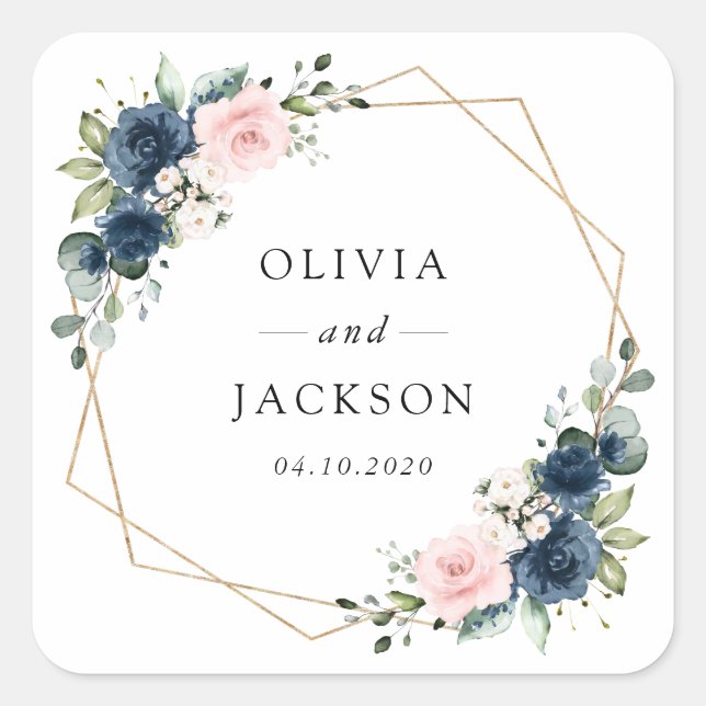 Navy Blue Flowers, Pink Flowers, Floral Wedding Square Sticker (Front)