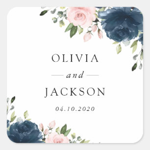 Navy Blue Flowers, Pink Flowers, Floral Wedding Square Sticker
