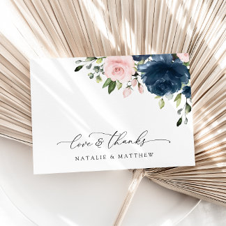 Navy Blue Flowers, Pink Flowers, Floral Wedding Thank You Card