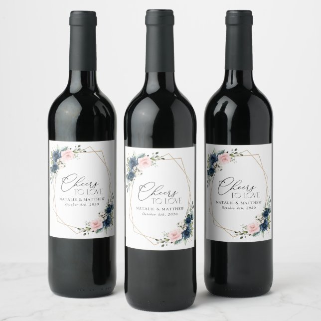 Navy Blue Flowers, Pink Flowers, Floral Wedding Wine Label (Bottles)