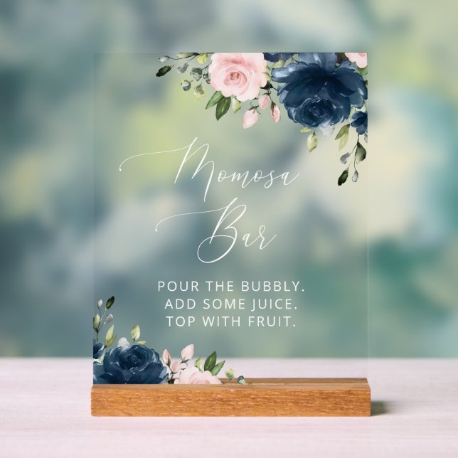 Navy Blue Flowers, Pink Flowers, Momosa Bar Acrylic Sign (Neutral)